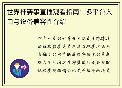 世界杯赛事直播观看指南：多平台入口与设备兼容性介绍