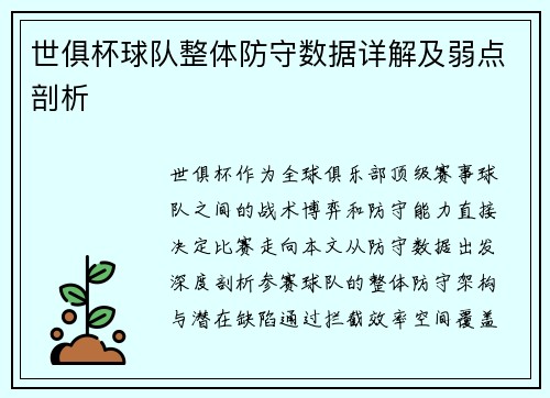 世俱杯球队整体防守数据详解及弱点剖析