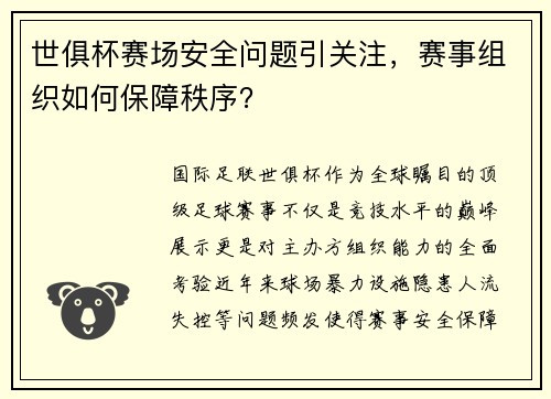 世俱杯赛场安全问题引关注，赛事组织如何保障秩序？