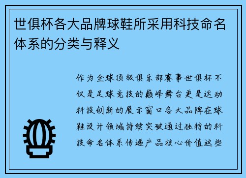 世俱杯各大品牌球鞋所采用科技命名体系的分类与释义
