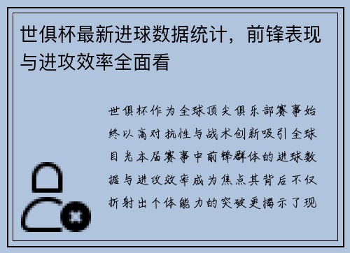 世俱杯最新进球数据统计,前锋表现与进攻效率全面看
